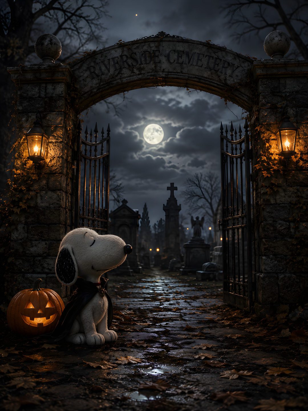 a dog with a jack - o'- lantern pumpkin sitting in front of an entrance Peanuts Halloween black