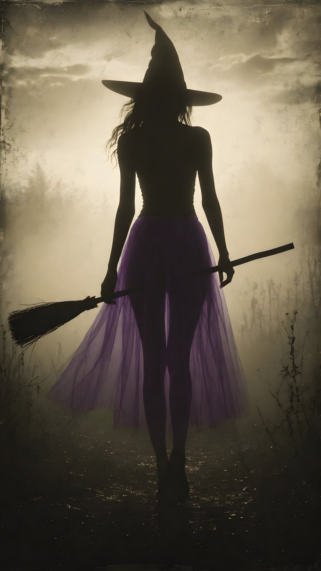 a woman in a purple dress holding a broom and wearing a witches hat with her hands Gothic Halloween Witch dark slate gray