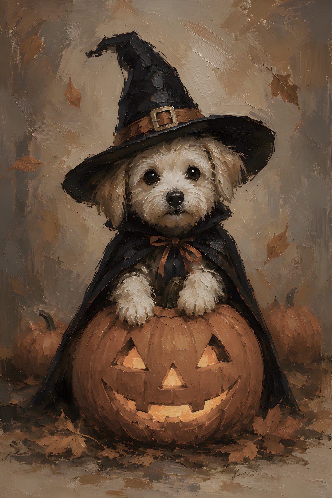 a painting of a dog wearing a witches hat and sitting on top of a pumpkin Halloween Dog Hd dark olive green