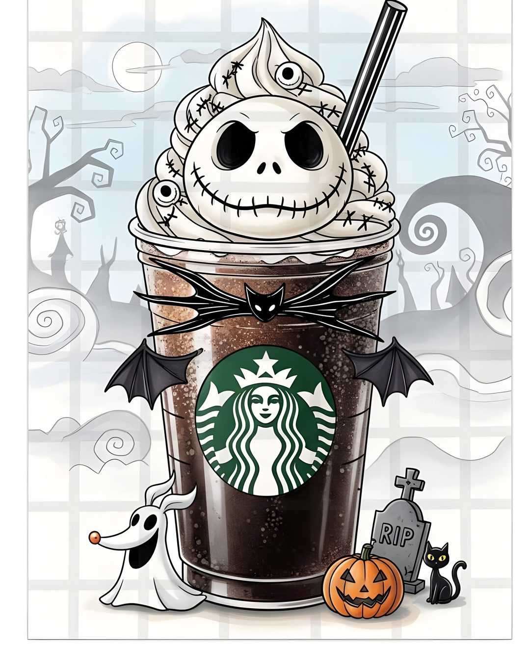 a starbucks drink with a skeleton face on top and bats around the cup, surrounded by halloween decorations Halloween Starbucks gainsboro