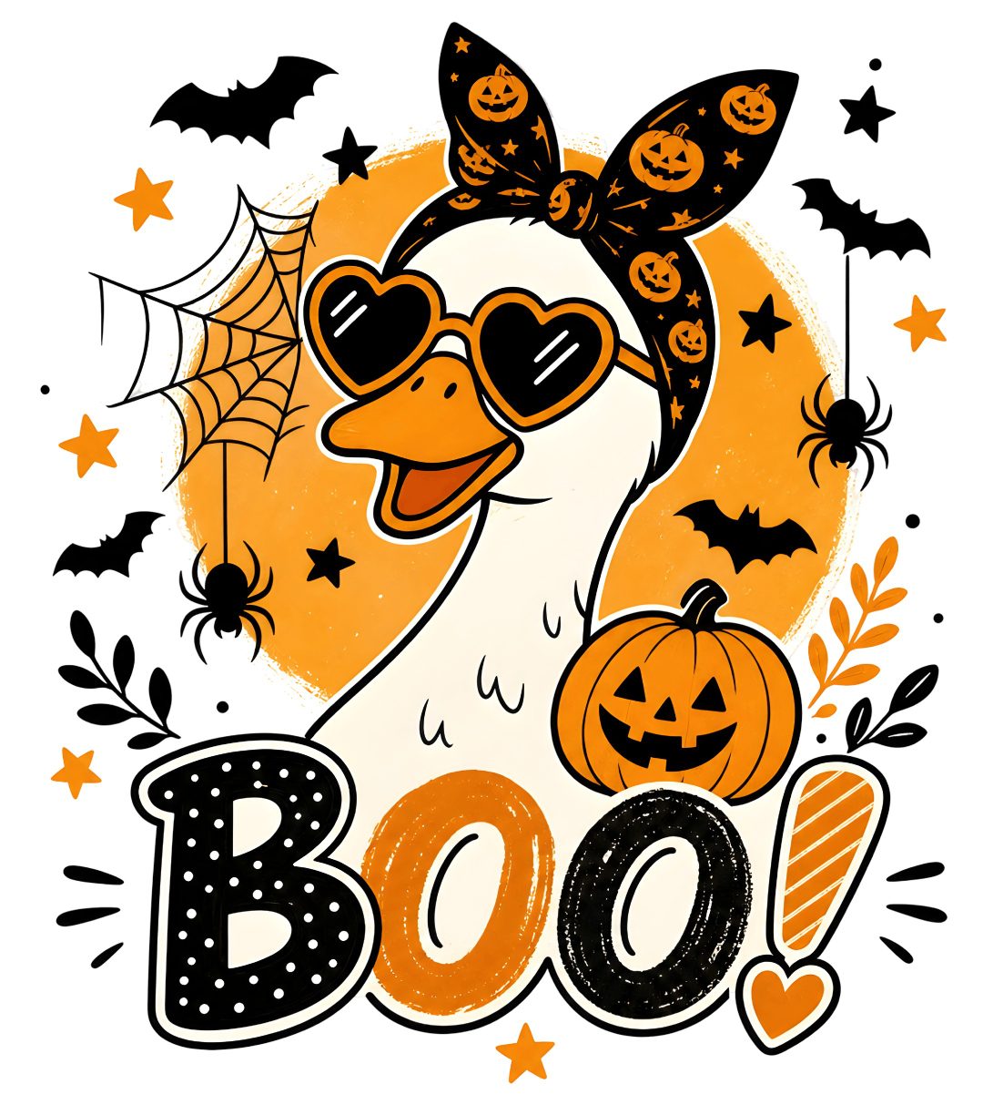 an image of a boo with pumpkins and bats Halloween Ducks seashell