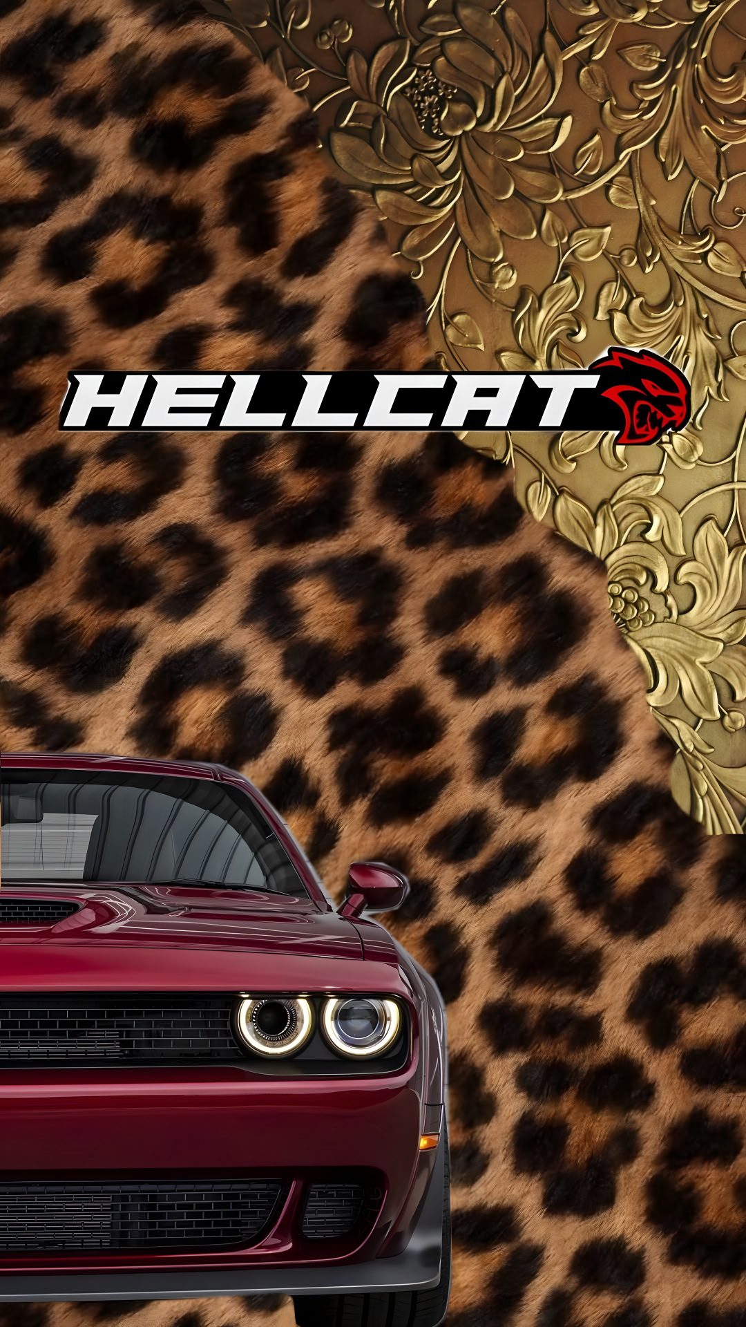 the front end of a red car with leopard print Halloween Hellcat dark olive green