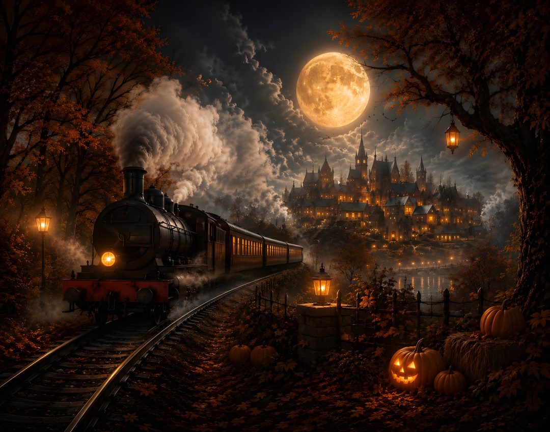 a train traveling down tracks next to a forest filled with pumpkins under a full moon Halloween Train black