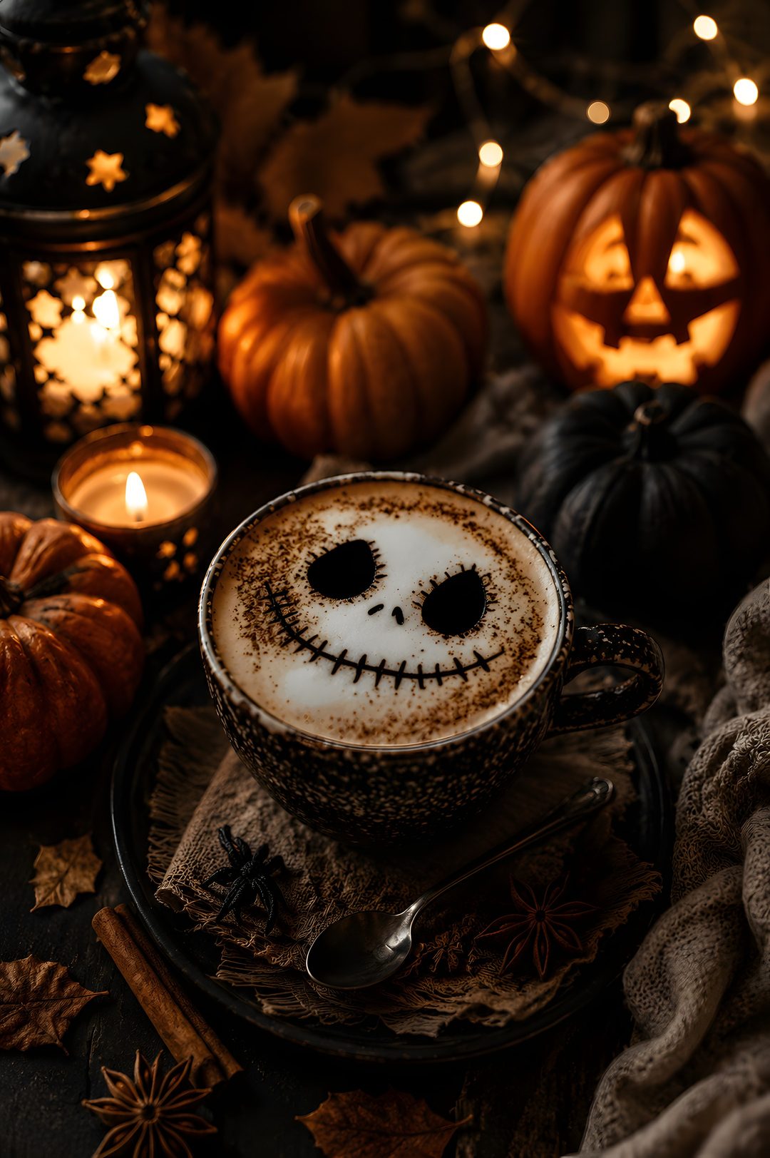 a cup of coffee with a face painted on it next to pumpkins and candles Halloween Coffee black