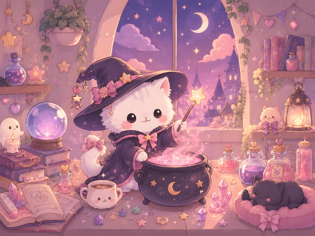 a painting of a cat dressed as a witch cooking in a caulder next to other items Kawaii Halloween Desktop rosy brown