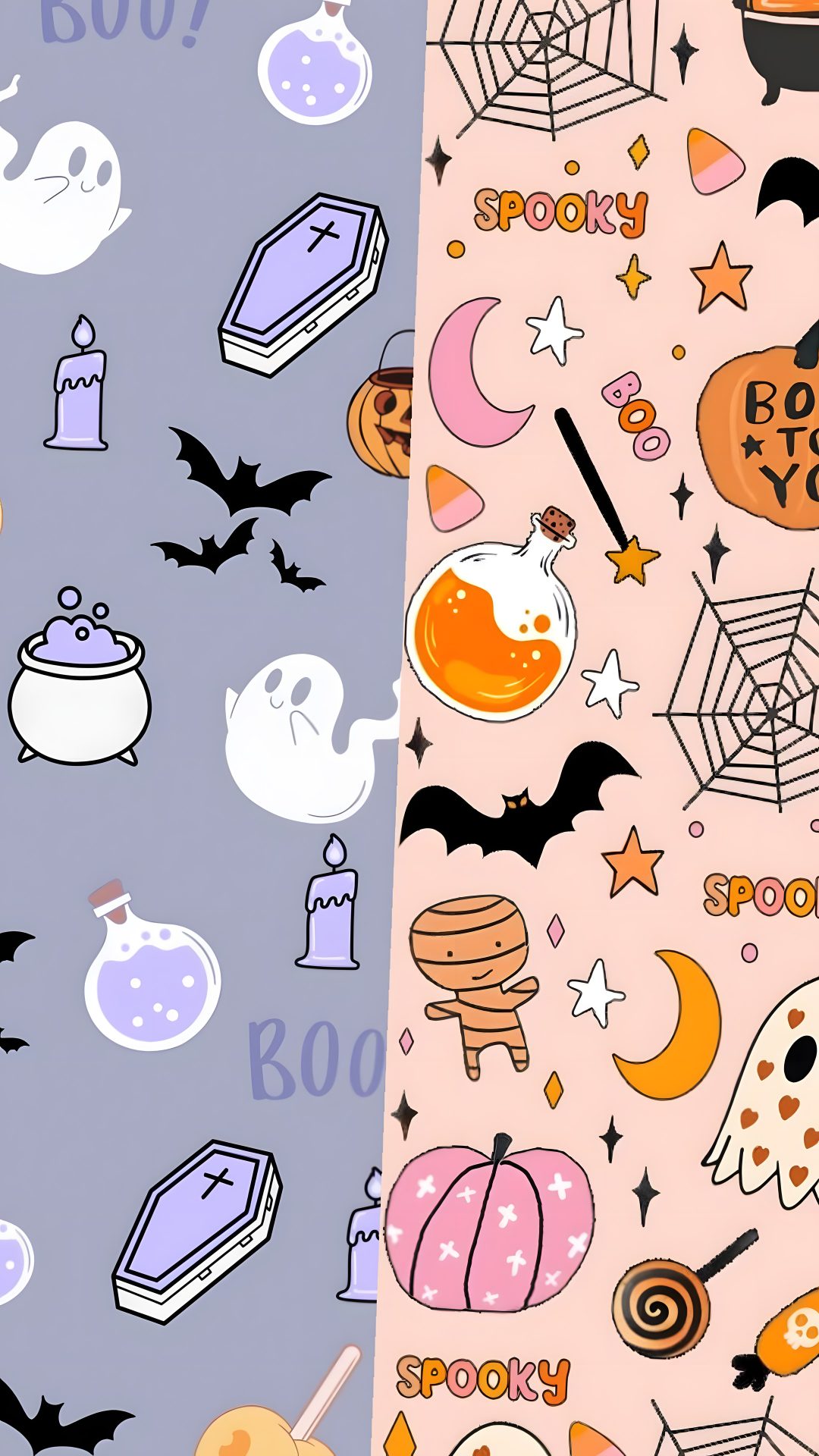 two different halloween themed wallpapers with pumpkins, bats and other items on them Cute Halloween Cc Relevant silver