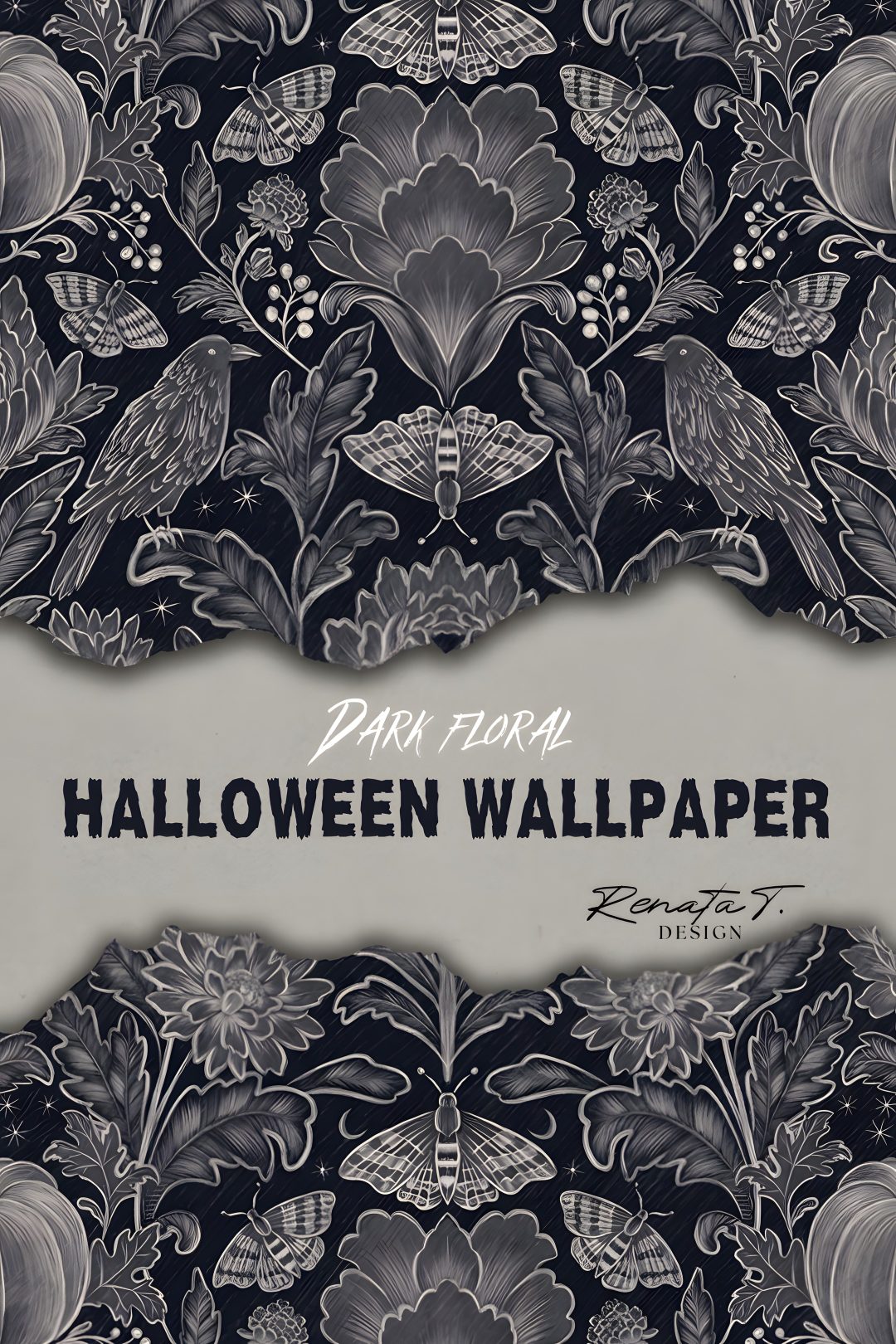 an image of a wallpaper with flowers and birds on it, in black and white Gothic Halloween For Home dim gray