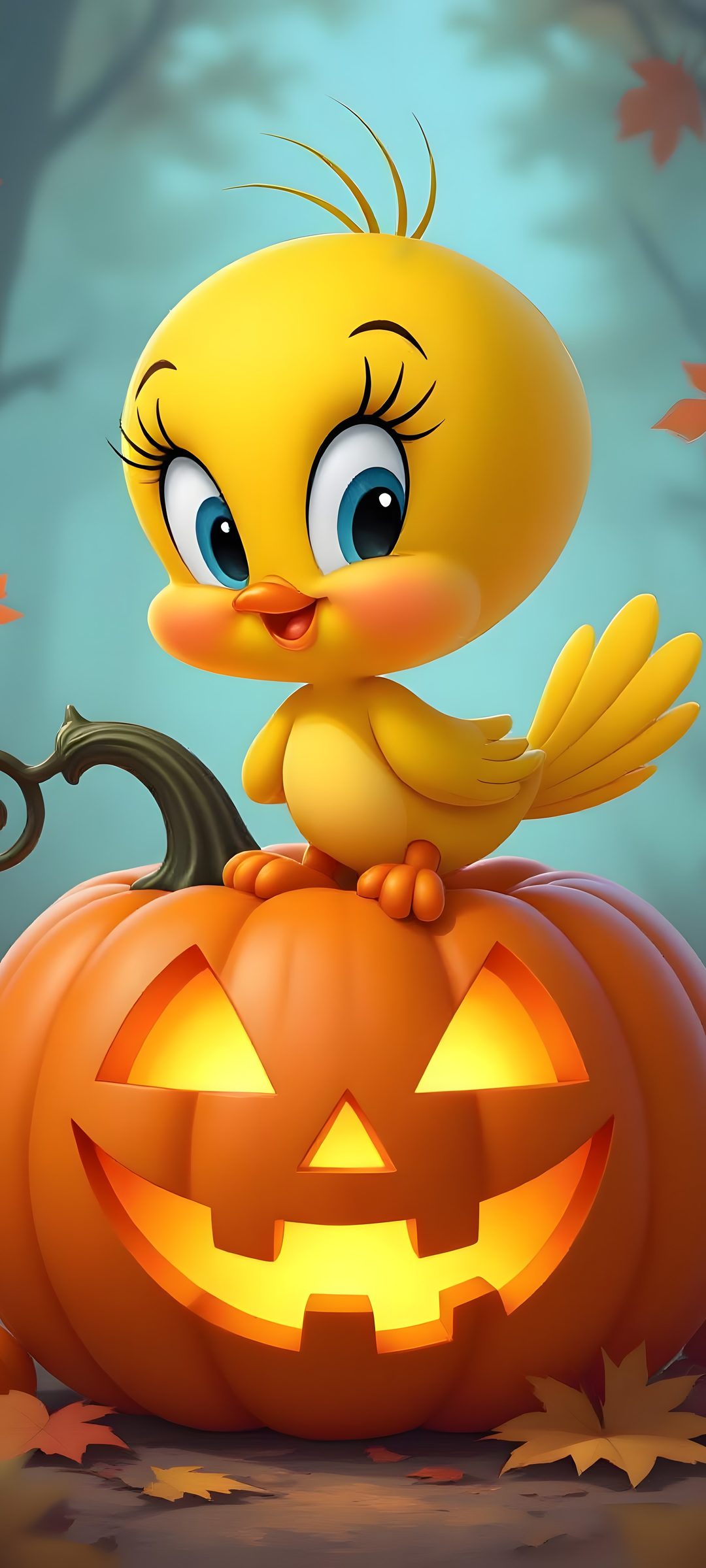 a yellow bird sitting on top of a pumpkin Tweety Bird Halloween olive drab