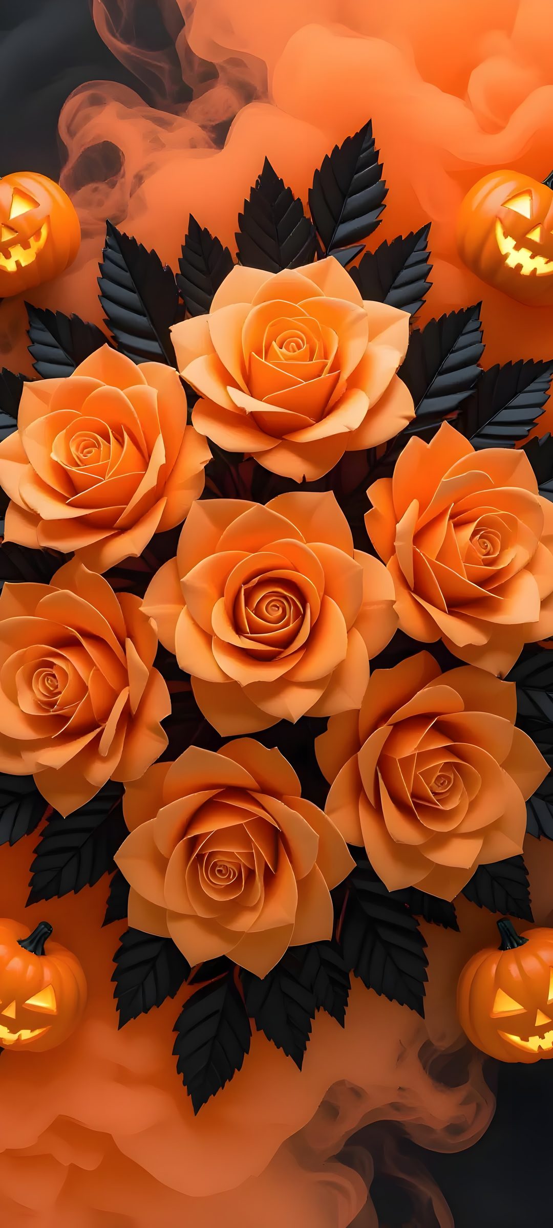 a bouquet of orange roses surrounded by pumpkins Halloween Flowers sienna