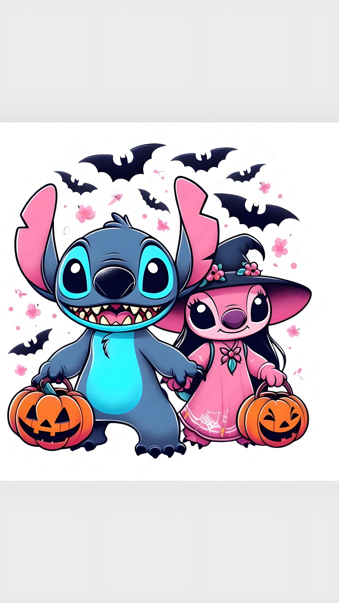 two cartoon characters are standing next to each other with bats and pumpkins on the ground Halloween Stitch And Angel Stitch Halloween, Cute Stitch And Angel Halloween, gainsboro