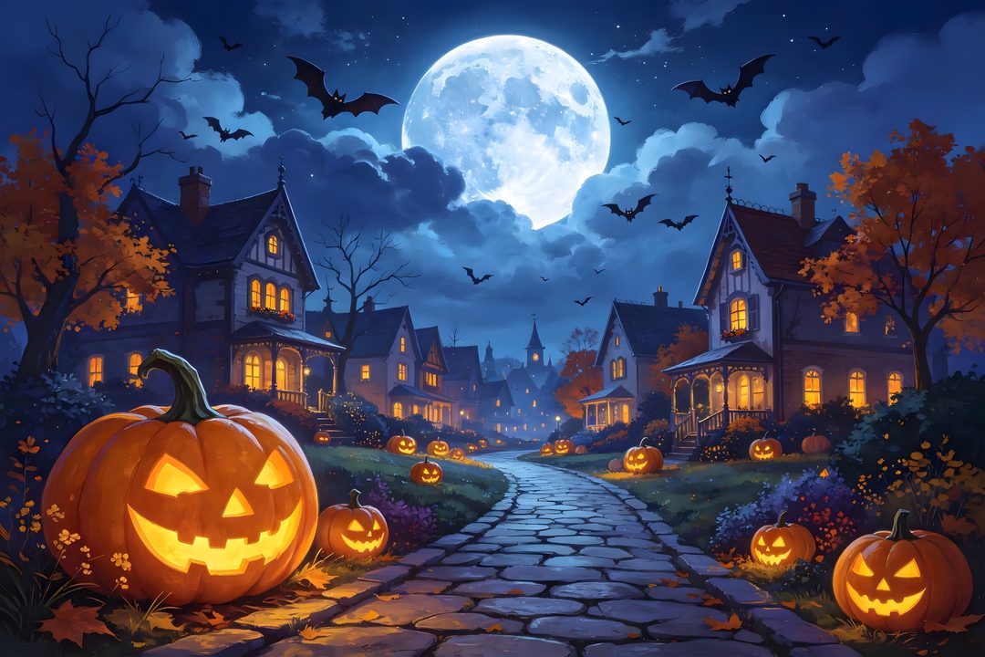 halloween scene with pumpkins and full moon Halloween Village Ideas dark slate gray