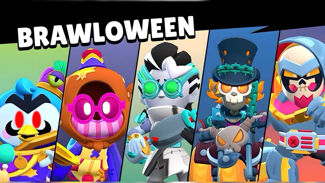 an image of some cartoon characters with different costumes and hair colors, all in the same style Brawl Stars Halloween dim gray