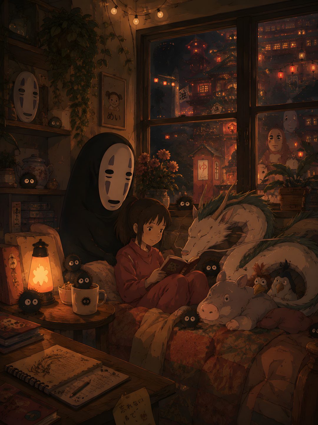 a person sitting on a couch in front of a window with an anime mask over their head Ghibli Halloween black