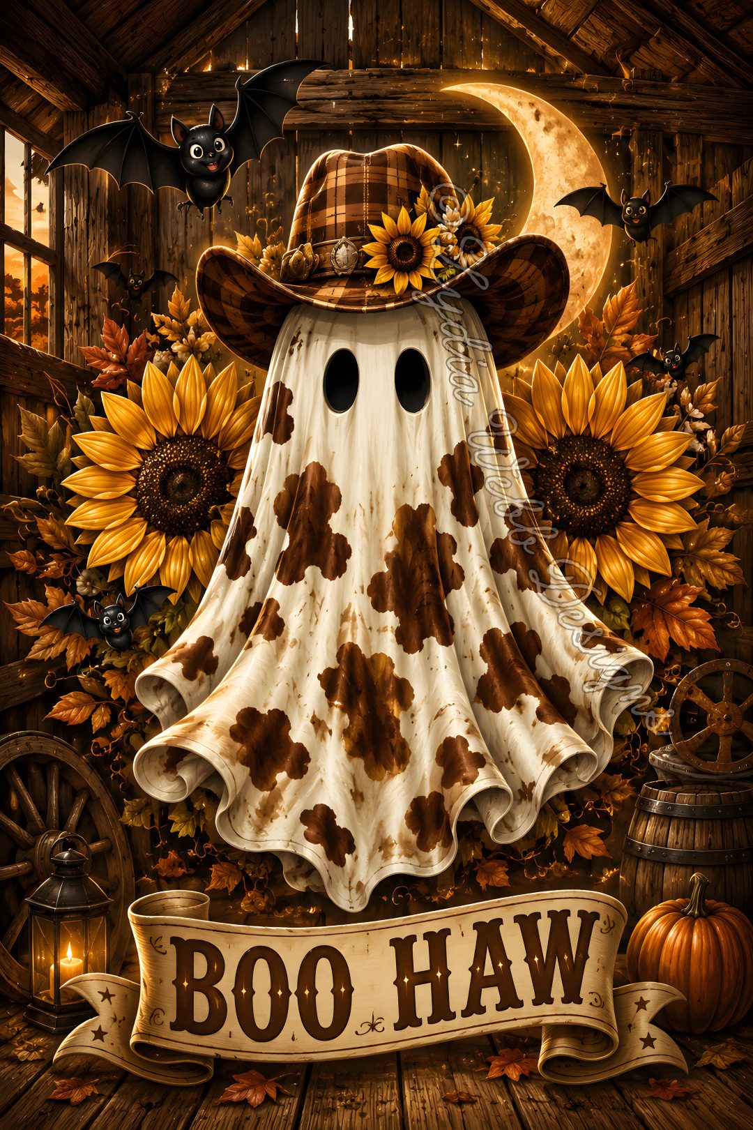 a painting of a halloween ghost with sunflowers and pumpkins in the background Western Halloween maroon