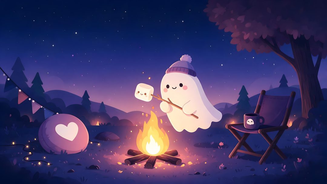a cartoon ghost is roasting marshmallows over a campfire at night Cute Ghost Halloween Desktop midnight blue