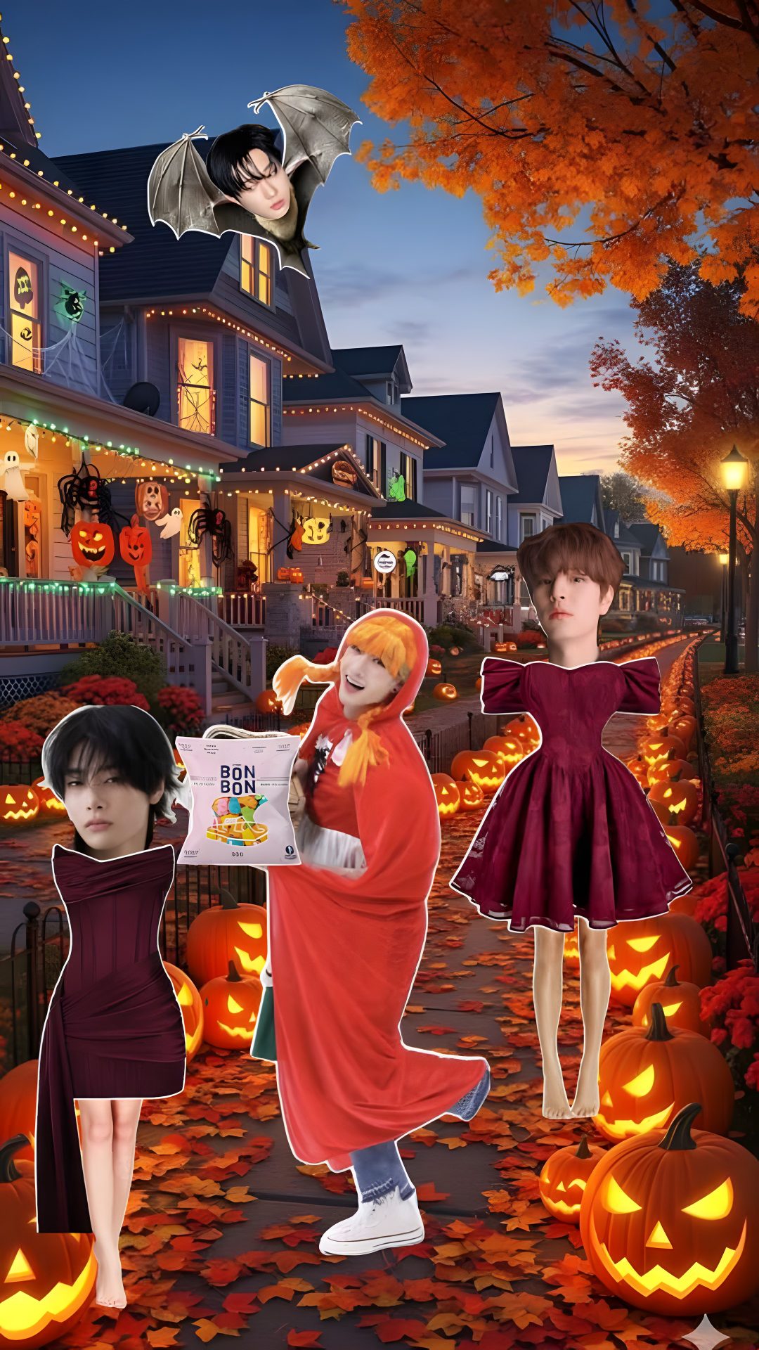 three children dressed up in halloween costumes on a street with pumpkins and jack - o'- lanterns Kpop Halloween saddle brown