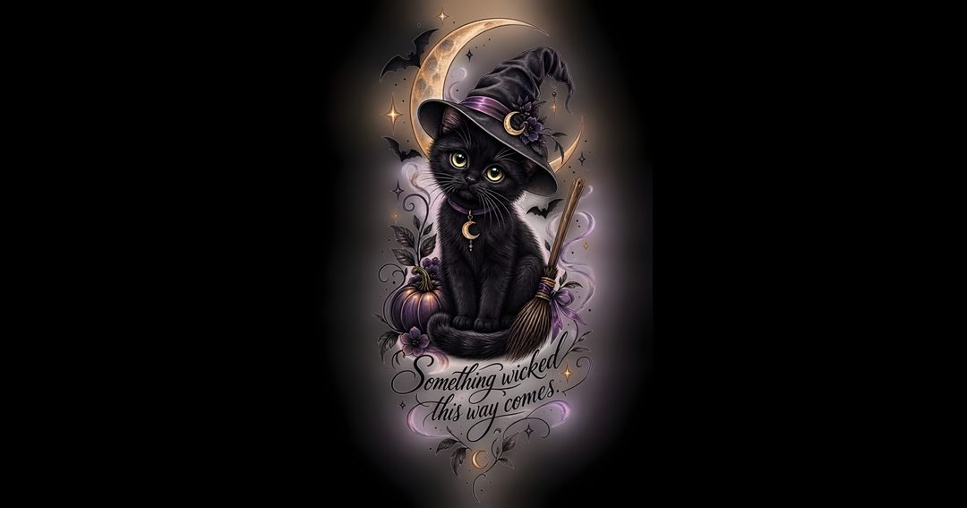 a black cat wearing a witches hat and holding a broom with the moon behind it Desktop Black Cat Halloween black