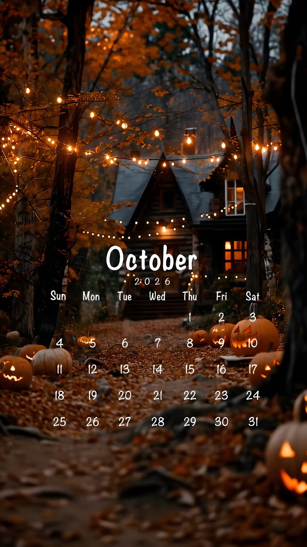 a calendar with pumpkins on the ground and lights strung from trees in front of it October 2025 Calendar Halloween black