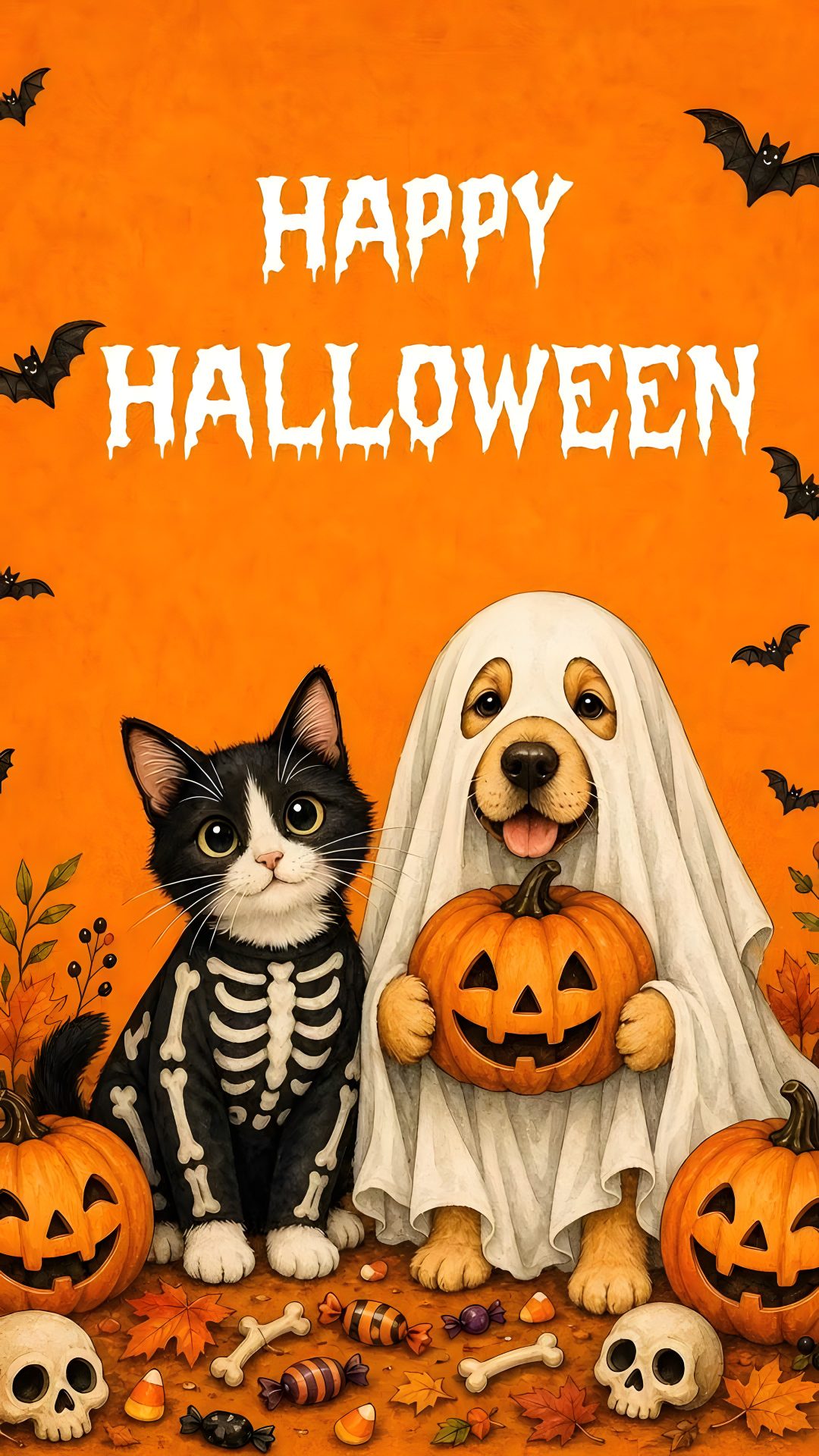 a cat and dog dressed up in halloween costumes sitting next to each other with pumpkins on the ground Cute Dog And Cat Halloween dark orange
