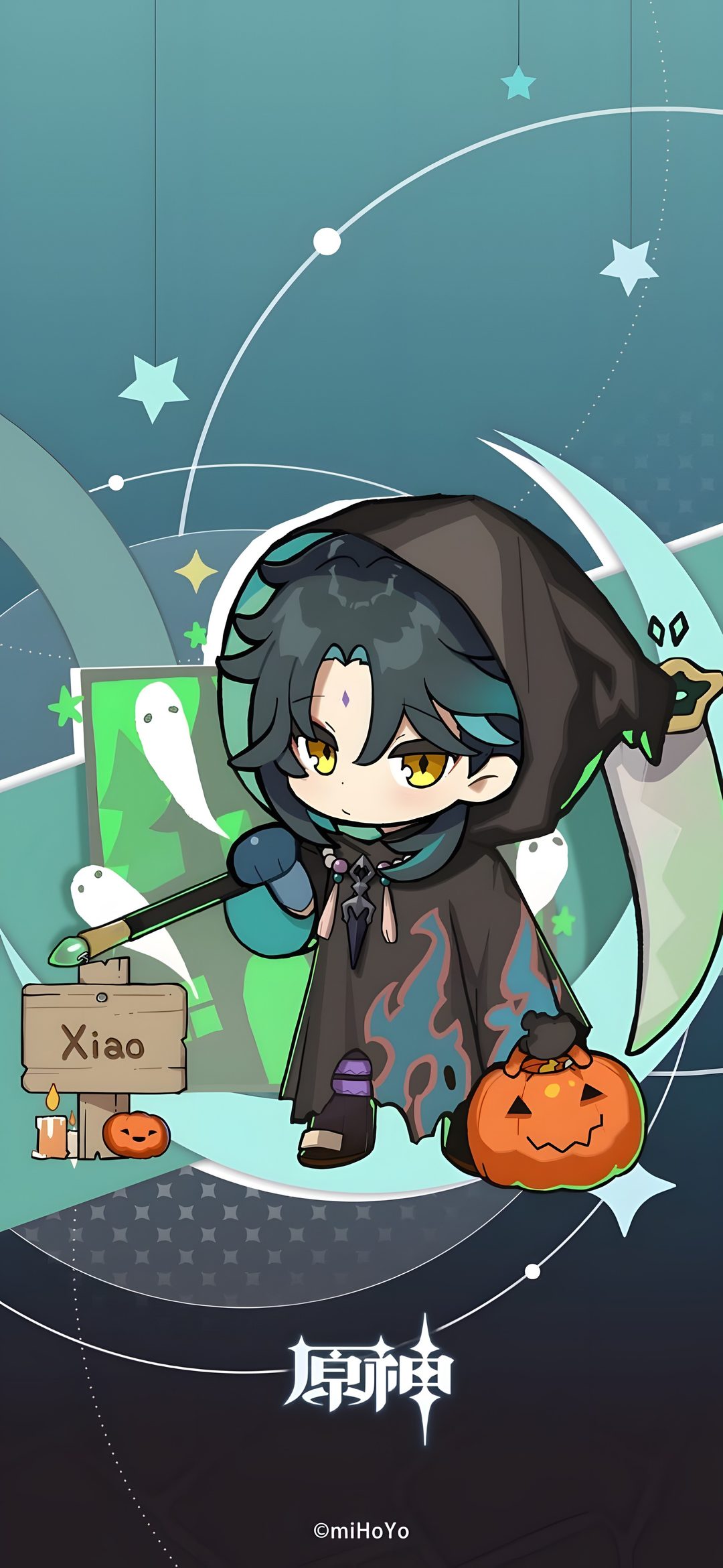 an anime character holding a broom and standing next to a pumpkin Genshin Impact Halloween sienna