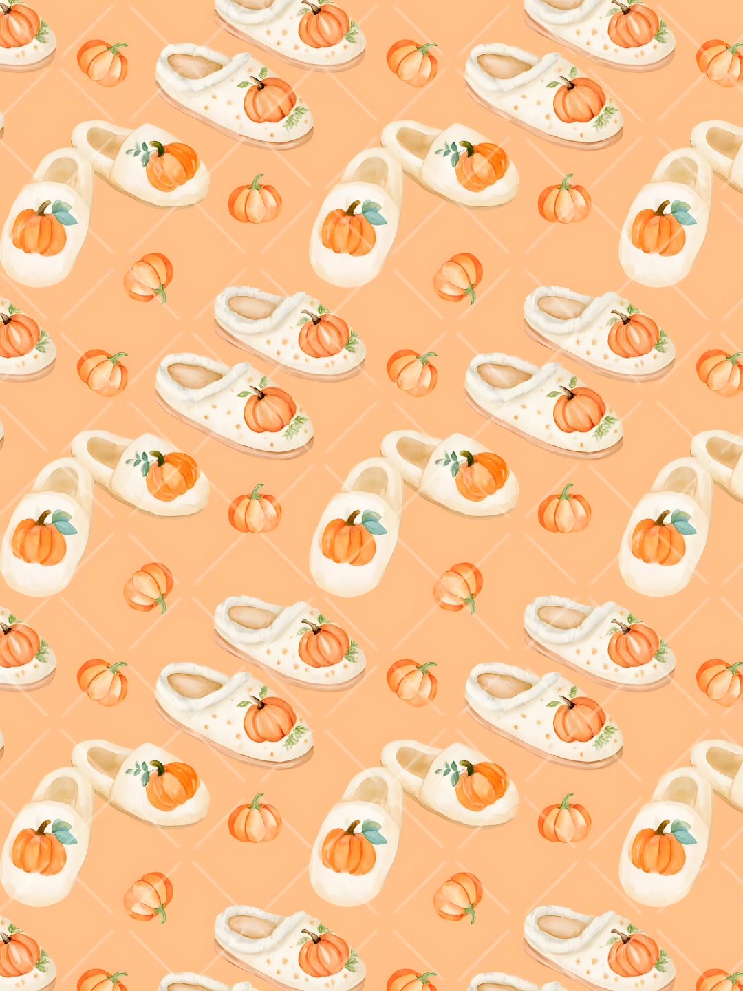 an orange and white pattern with baby shoes, pumpkins, and leaves on it Halloween Retro Shoes With Pumpkins burlywood