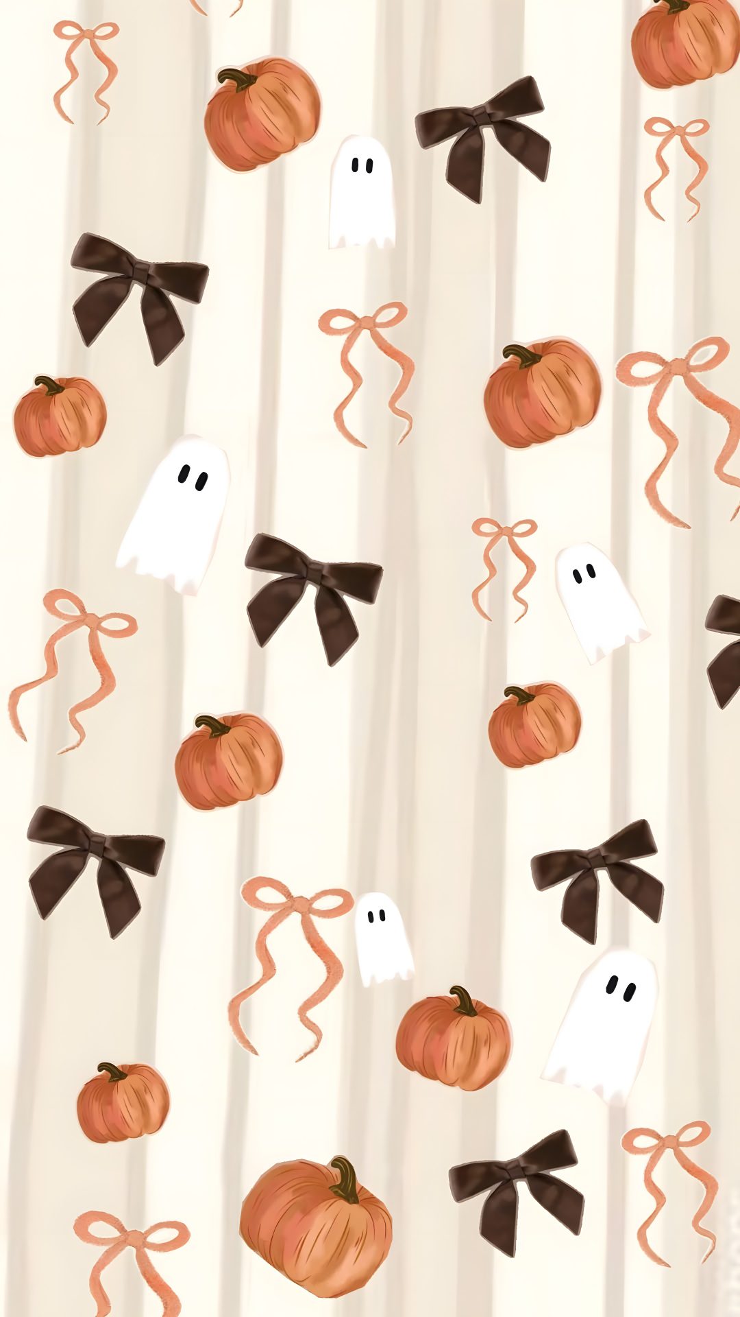 halloween wallpaper with pumpkins, ghost and bow ties on white striped paper background Slay Halloween antique white