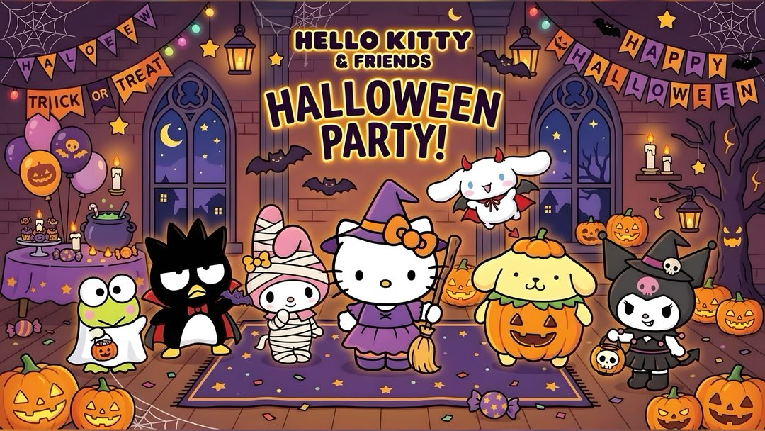 hello kitty and friends halloween party with pumpkins, jack - o'- lanterns and cats Sanrio Hello Kitty Halloween dim gray