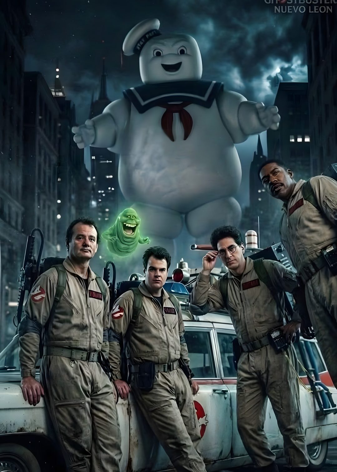 the ghostbus are standing in front of a car with two men pointing at something Ghostbusters Halloween dark slate gray