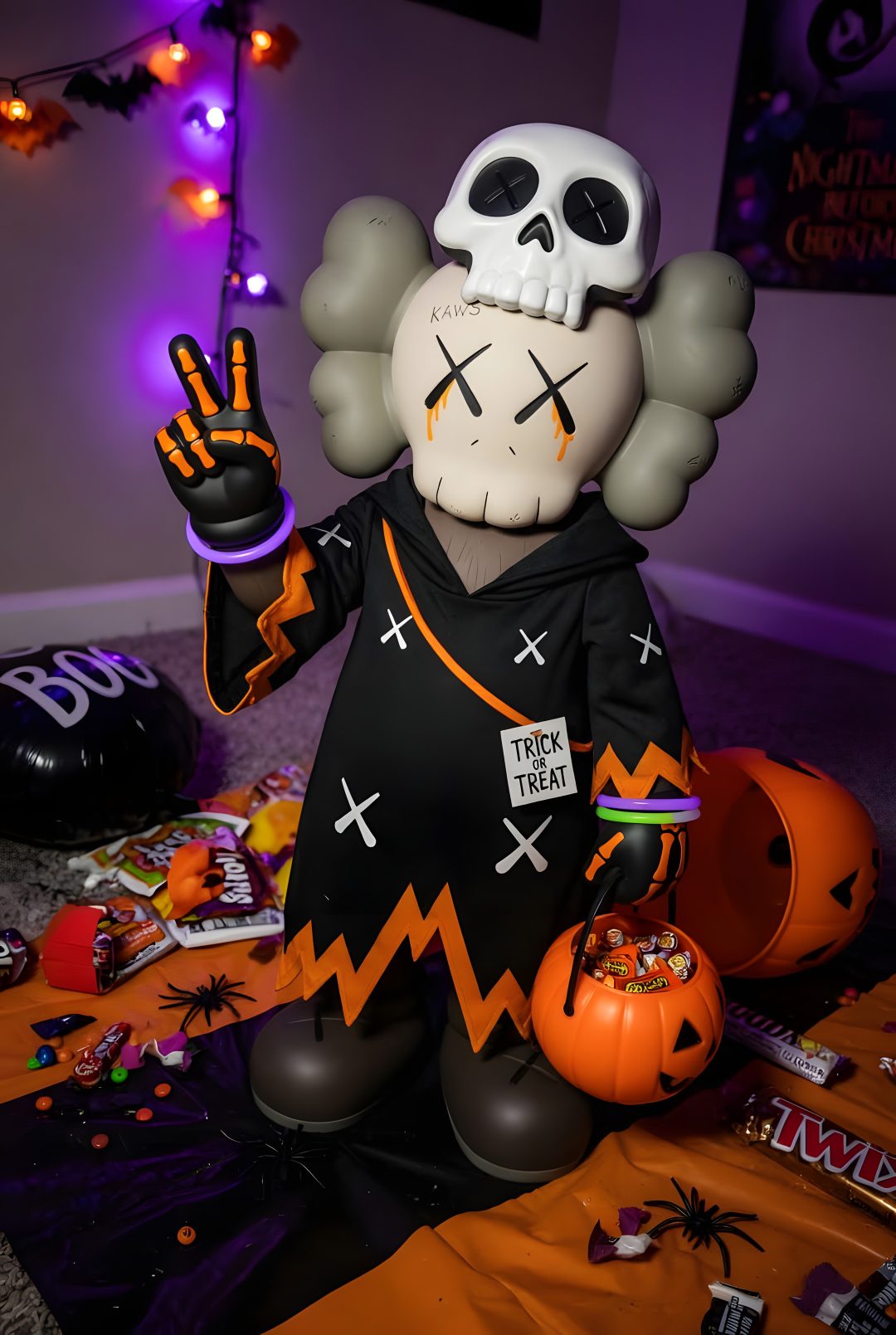 a halloween decoration in the shape of a skeleton with hands up and two jack - o'- lanterns Halloween Kaws Coding, Halloween, dark slate gray