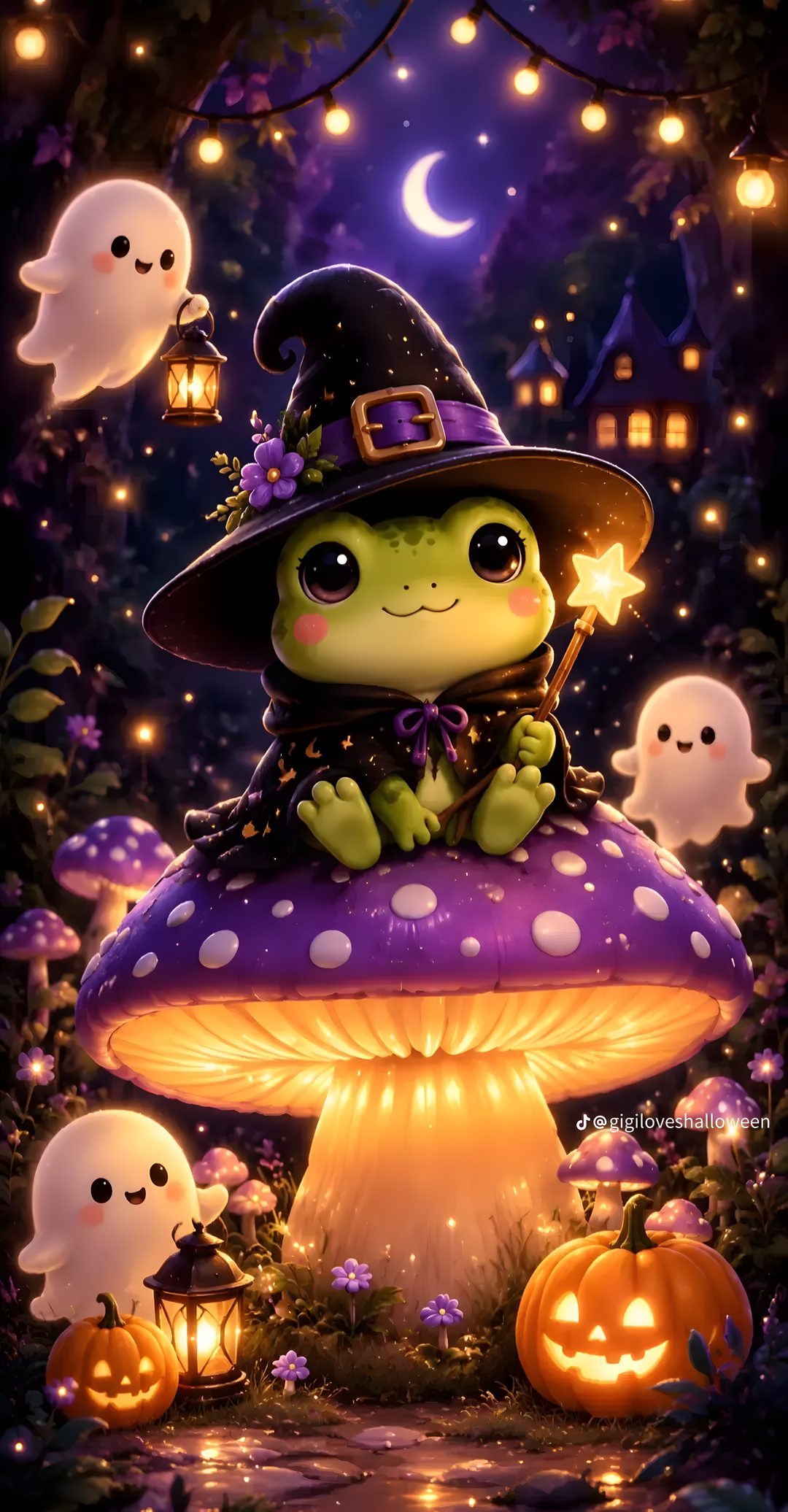 a cute little witch sitting on top of a mushroom in the middle of some pumpkins Cute Halloween Frog dark slate gray