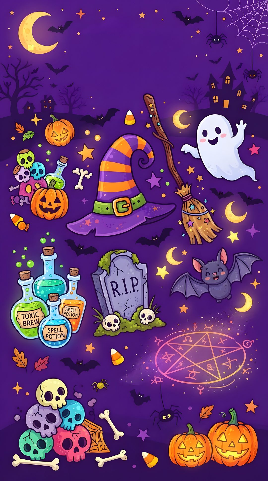 an image of halloween items on a purple background Halloween Cartoon Toss indigo