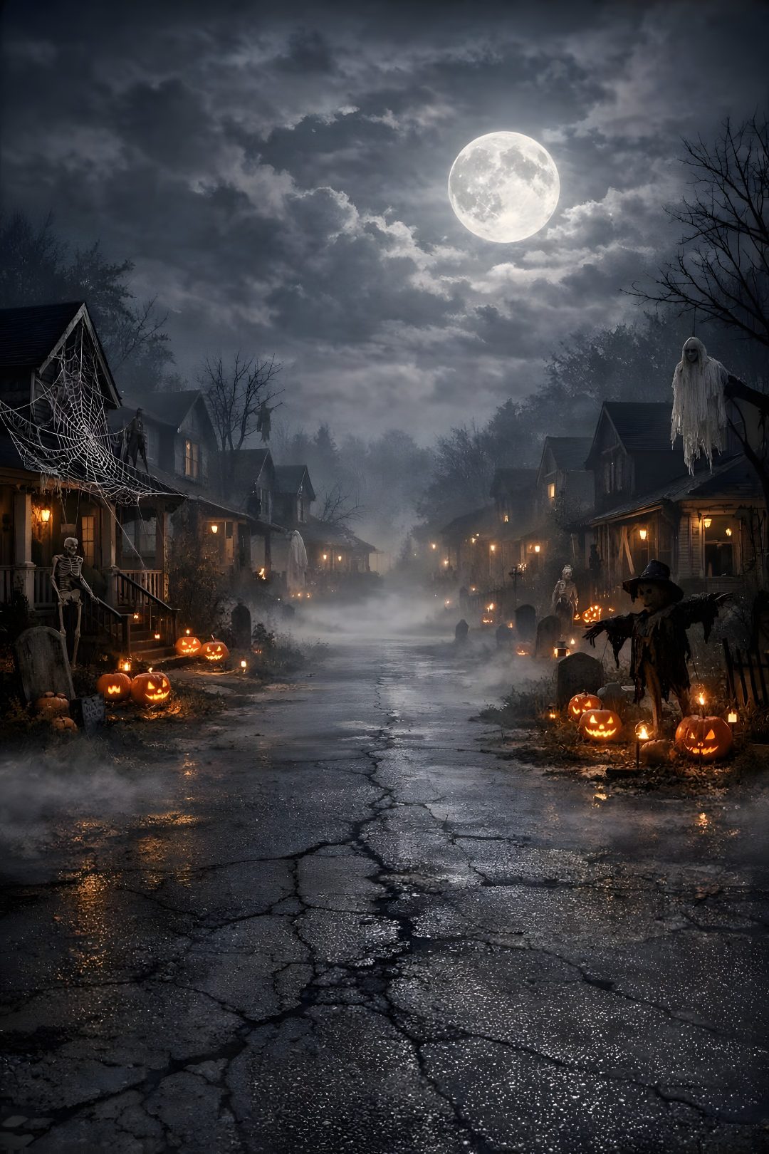 a dark street with lots of pumpkins on the ground and houses in the background Old Scary Horror Halloween dark slate gray