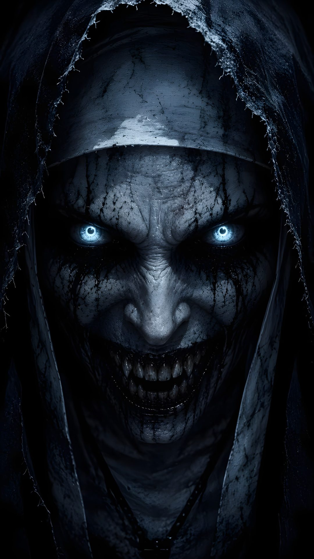 an evil looking man with blue eyes and blood on his face, in the dark Really Scary Halloween black