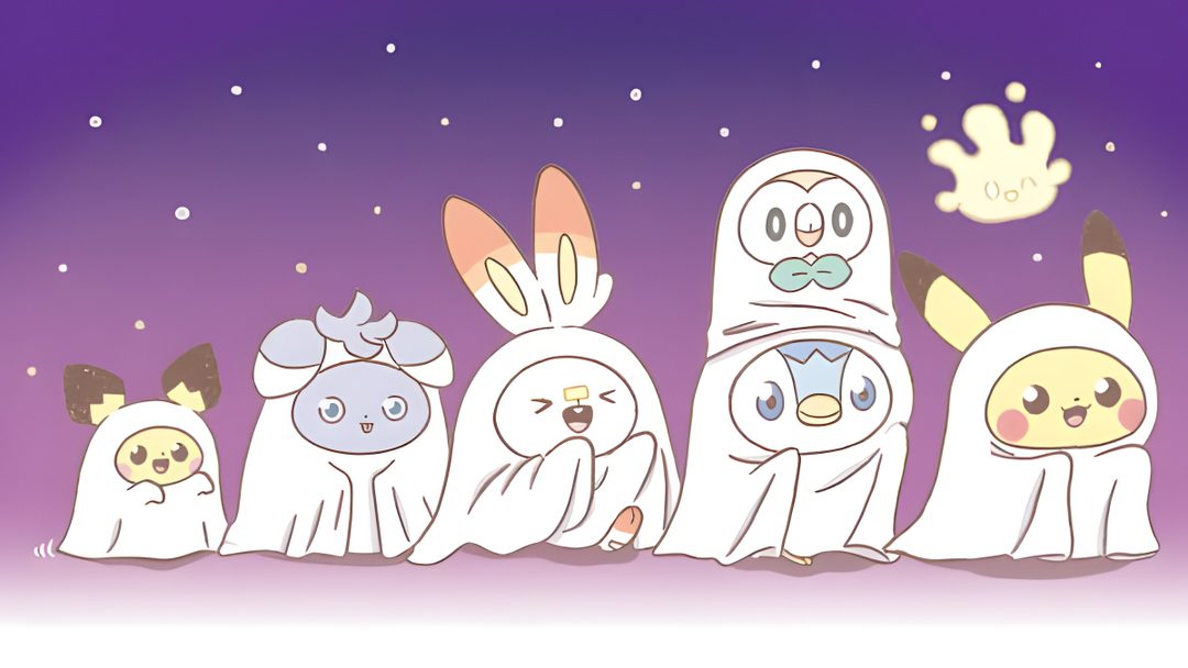 some cartoon characters are lined up in the same line and one is wearing a ghost costume Pokemon Halloween Computer rosy brown