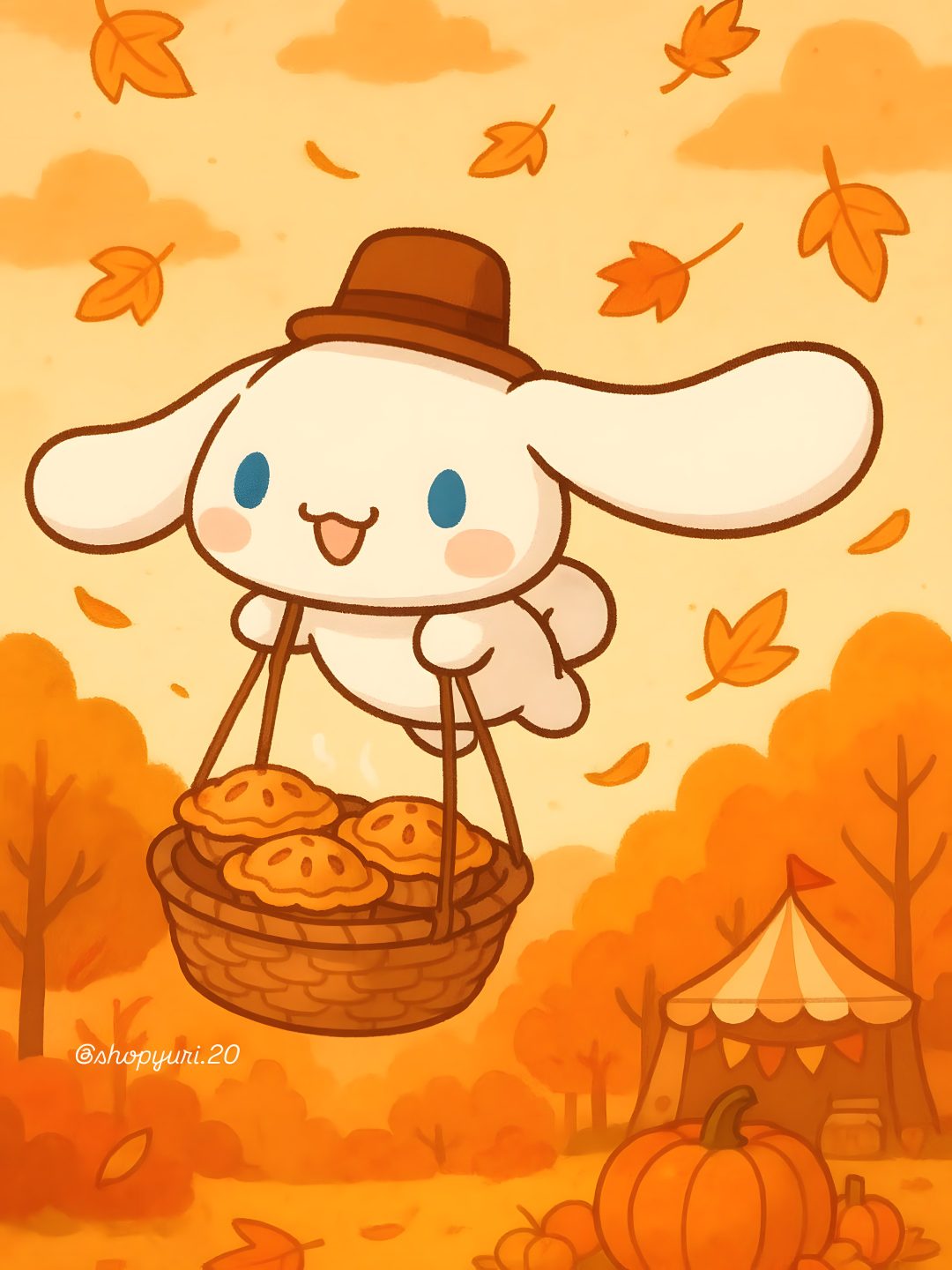 a cartoon bunny holding a basket full of pumpkin pies in an autumn scene with falling leaves Cinnamon Roll Halloween Hello Kitty Items, Hello Kitty, Kitty, sandy brown