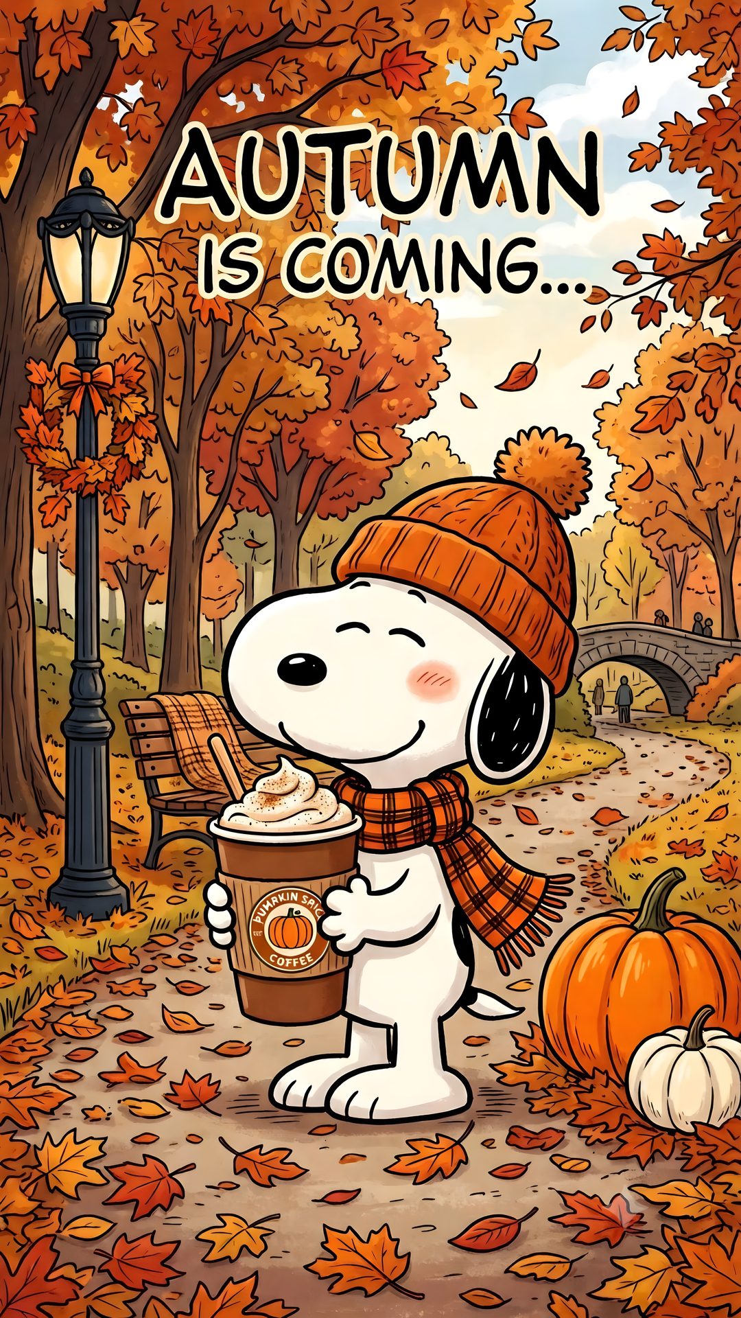 a snoopy dog holding a cup of coffee in the park with autumn leaves around it Snoopy Halloween 4k chocolate