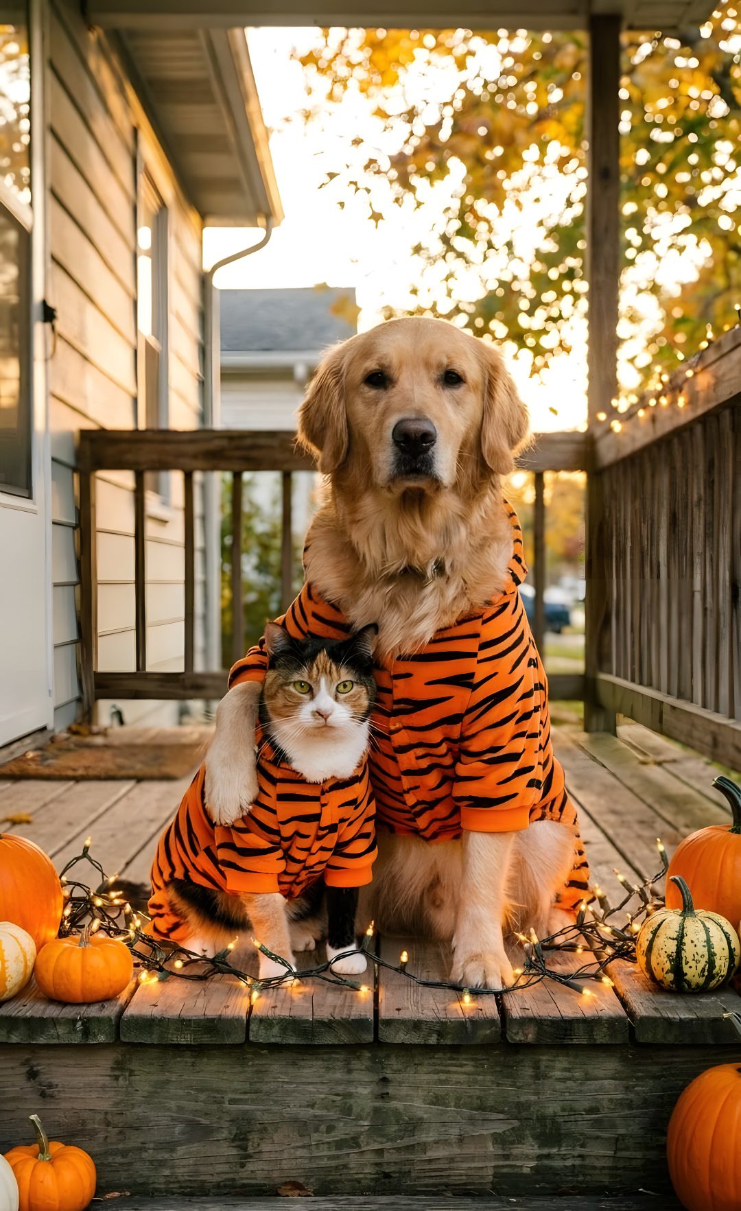 a dog and cat dressed up for halloween sitting on the front porch with pumpkins Cute Dog And Cat Halloween sienna
