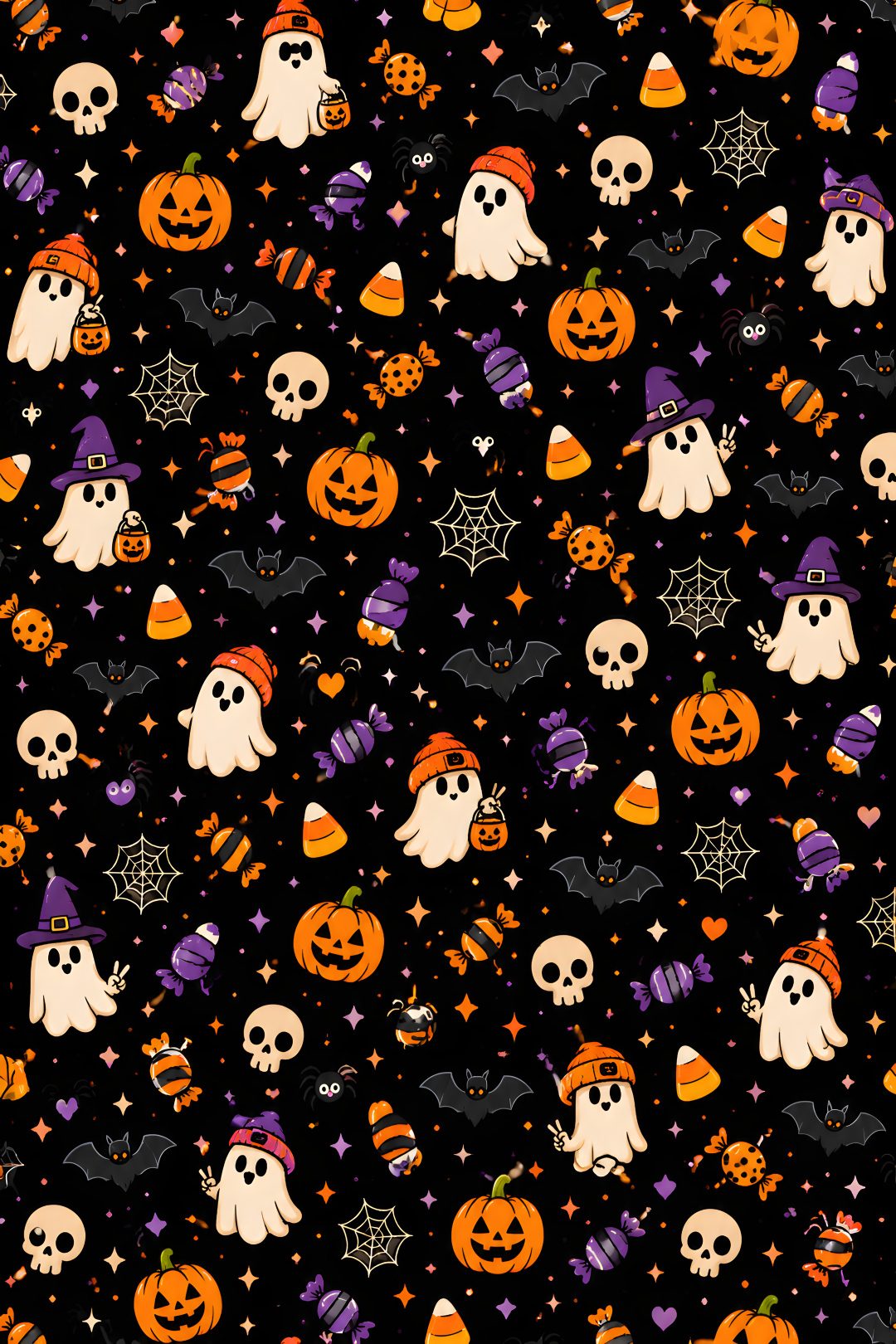 a black background with halloween pumpkins and ghost heads on it's sides, all in different colors Halloween Pattern Seamless black