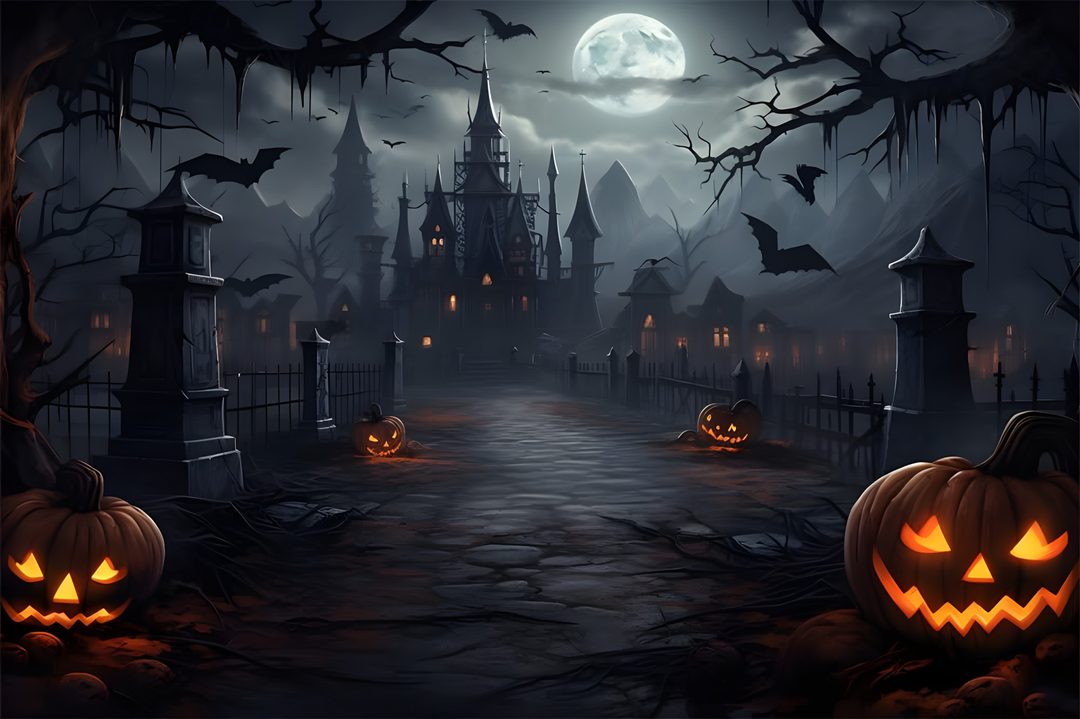 a halloween scene with pumpkins in the foreground and a castle in the background Halloween Castle Background dark slate gray