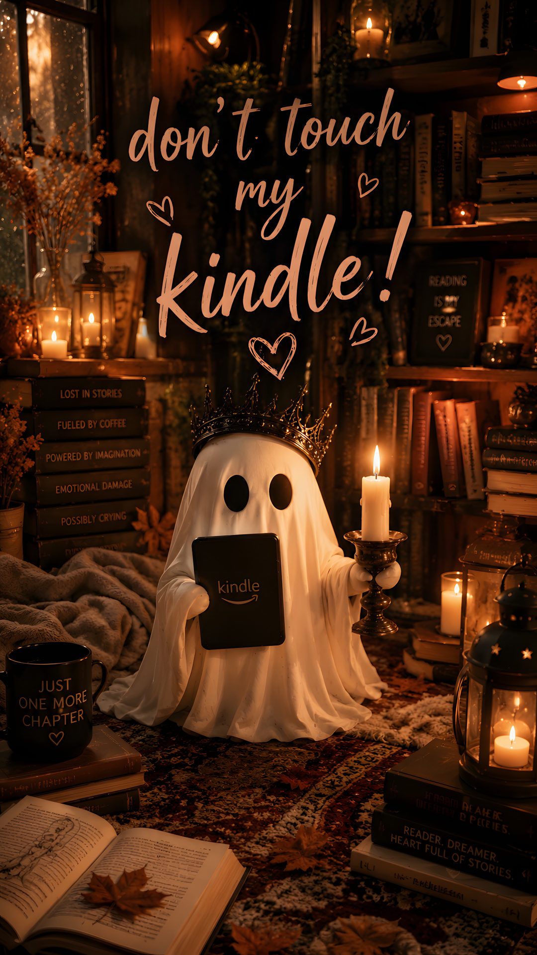 a ghost with a sign that says don't touch my kindle on it Bookish Halloween black