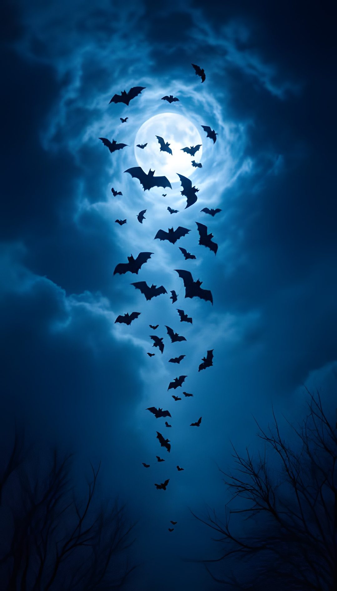 a flock of bats flying through the night sky Halloween Bats Flying midnight blue