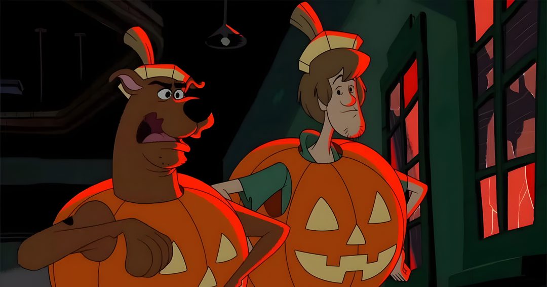 an animated image of two people dressed up as jack and pumpkins, one in the foreground Scooby Doo Halloween 1920x1080 black