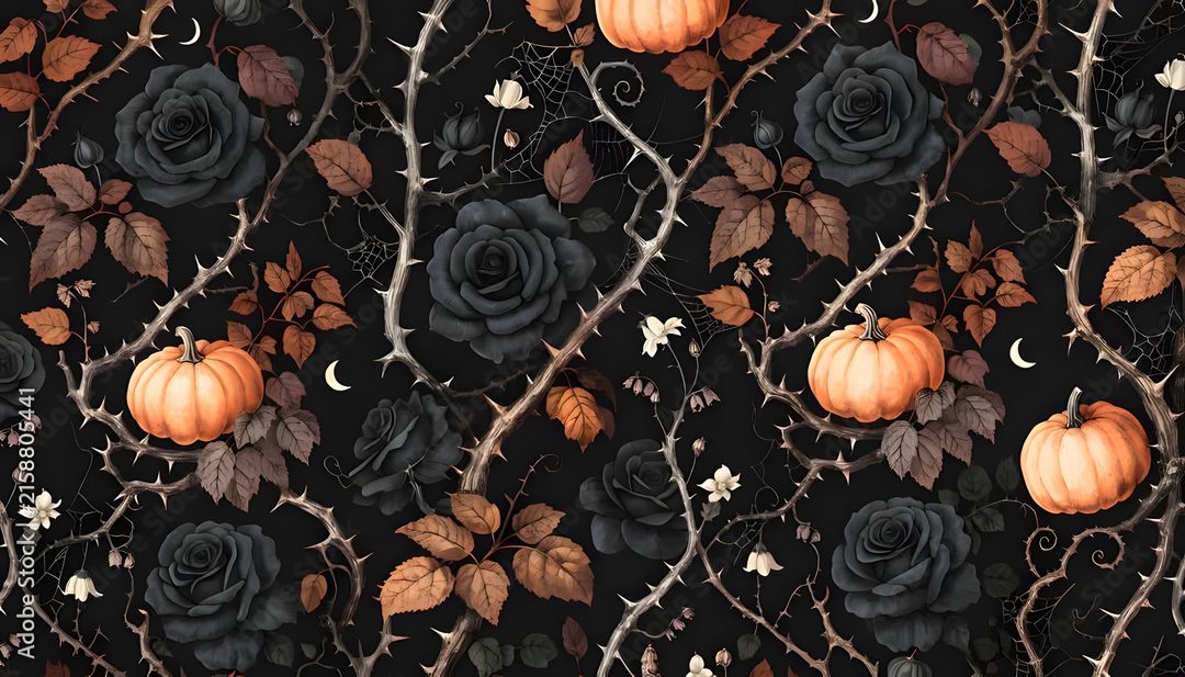 Seamless Gothic Halloween Pattern with Orange Pumpkins, Black Roses, and Thorns| Adobe Stock Halloween Botanical black