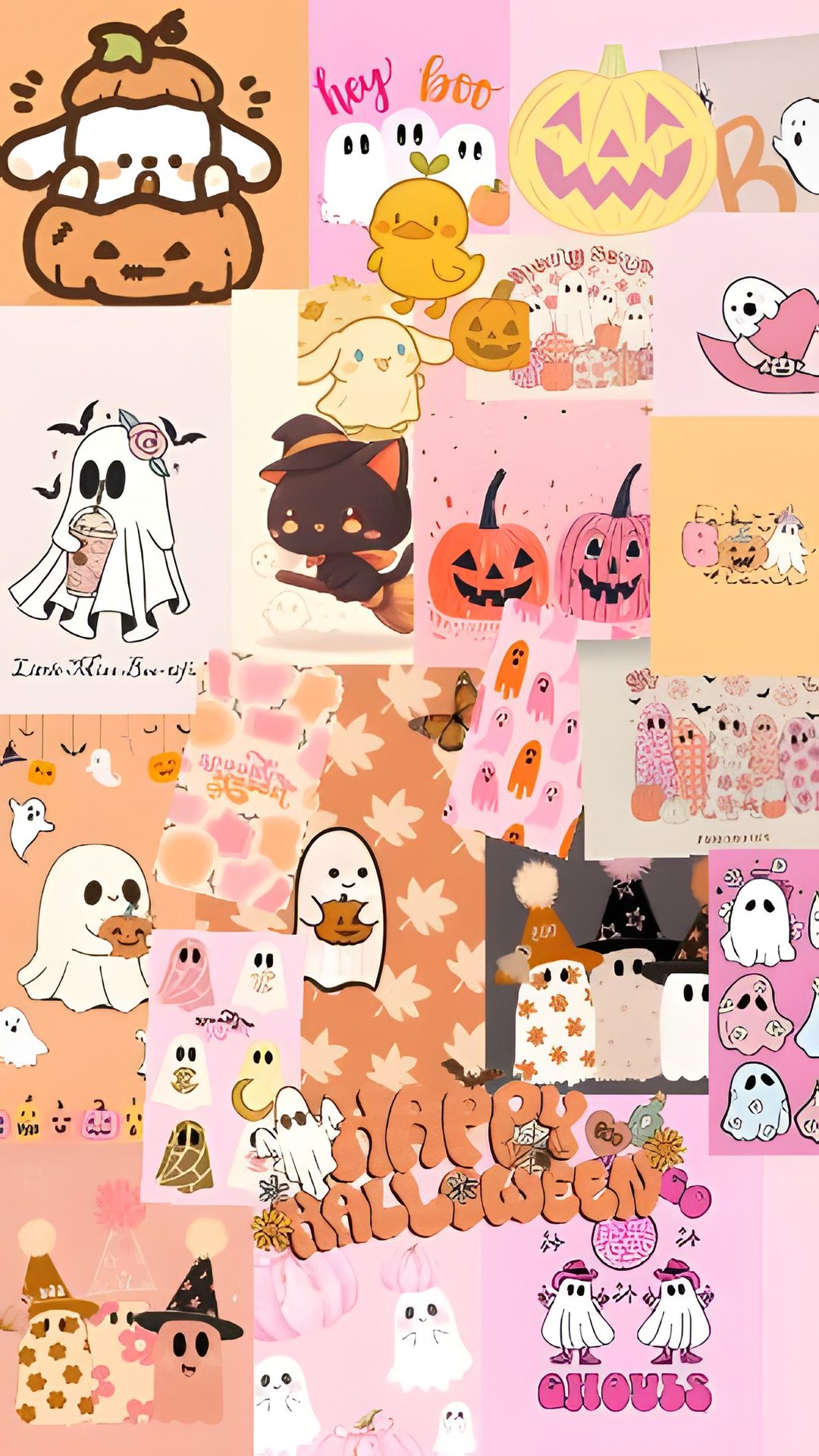 many different images of halloween characters on pink and orange squares with pumpkins, cats, ghost Cute Halloween Boo Bestie peach puff