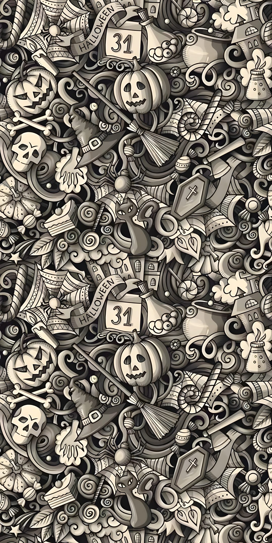 a drawing of many different things in black and white colors, including skulls, pumpkins, Halloween Scroll dim gray