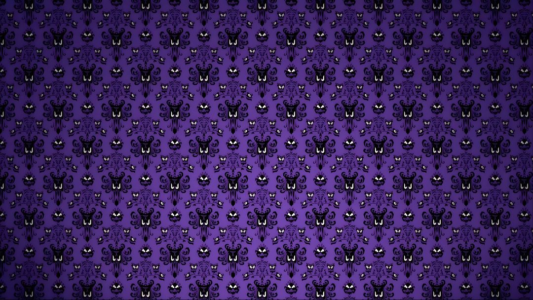 an abstract purple background with black cats on the front and back sides, all in different sizes Haunted Mansion Halloween midnight blue