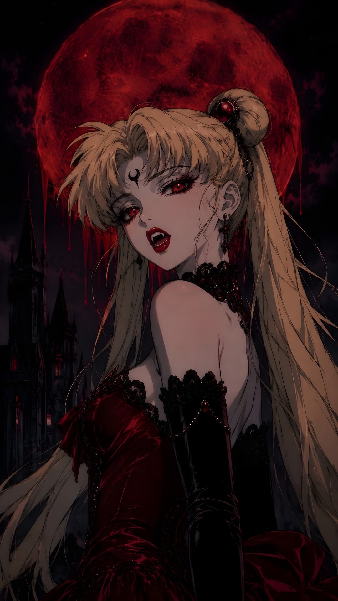 a woman with long blonde hair and red eyes is standing in front of a full moon Sailor Moon Halloween black