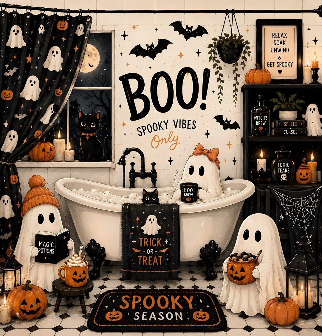 a bathroom decorated for halloween with ghost decorations and boogy vibes on the walls Halloween Themed Bathroom sienna