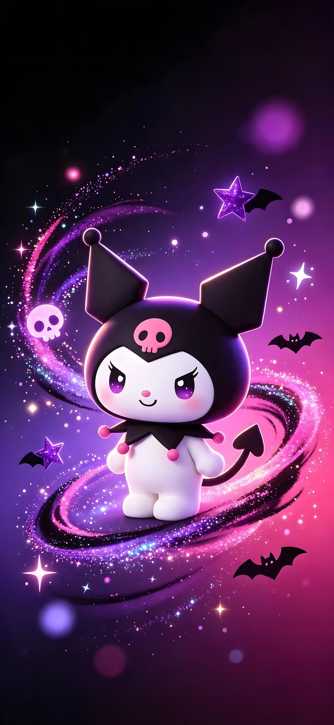 a cute little cat sitting on top of a purple and black background with bats around it Cute Kuromi Halloween midnight blue