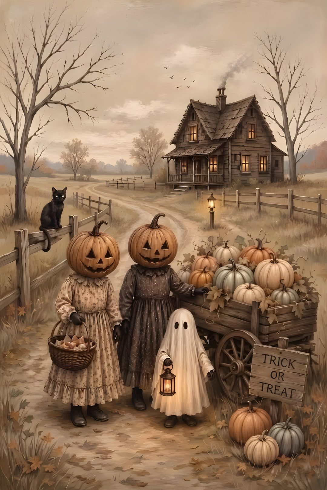 two children dressed up in halloween costumes standing next to a wagon full of pumpkins Vintage Halloween Art gray